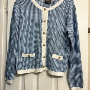 Ninety Blue and White Cardigan Sweater with Chunky Knit